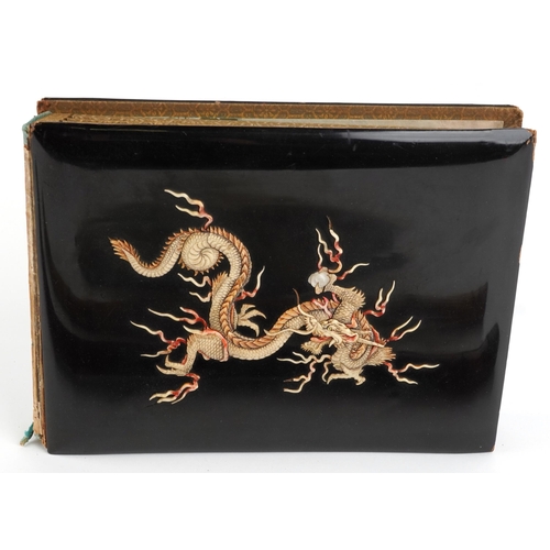 2569 - Japanese sundry items including brisee fan hand painted with a Geisha in a cart, black lacquered pho... 