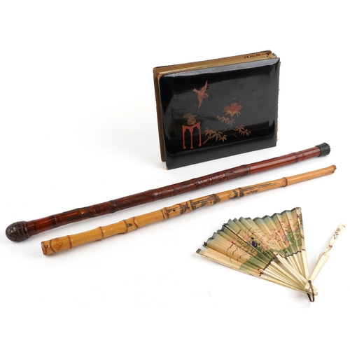 2569 - Japanese sundry items including brisee fan hand painted with a Geisha in a cart, black lacquered pho... 