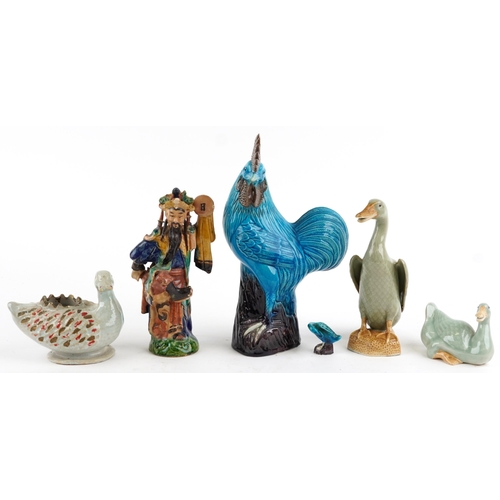 2598 - Chinese ceramics including celadon glazed ducks, purple and blue glazed rooster and figure of a warr... 