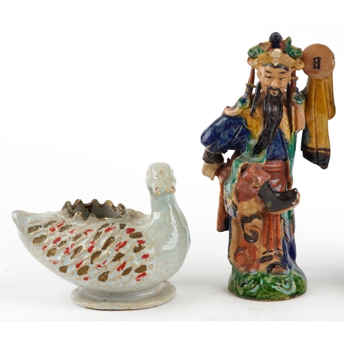 2598 - Chinese ceramics including celadon glazed ducks, purple and blue glazed rooster and figure of a warr... 