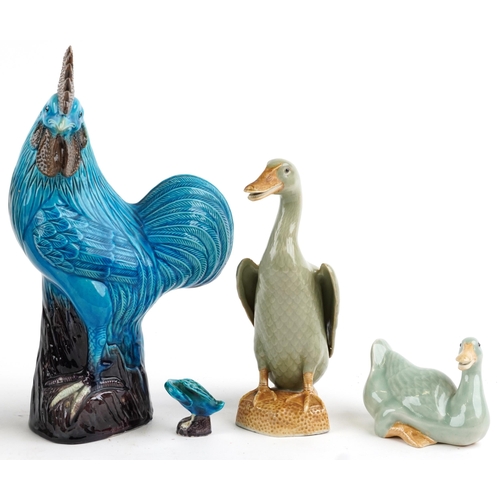 2598 - Chinese ceramics including celadon glazed ducks, purple and blue glazed rooster and figure of a warr... 