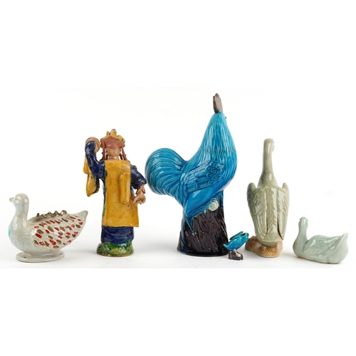 2598 - Chinese ceramics including celadon glazed ducks, purple and blue glazed rooster and figure of a warr... 