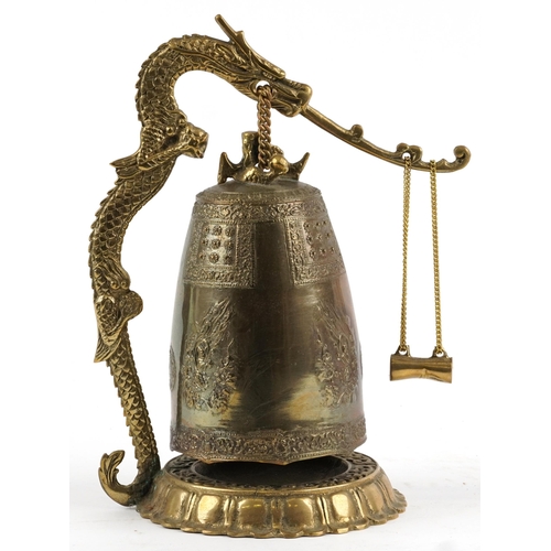 2586 - Chinese archaic style brass table bell with dragon design arch, 29cn high