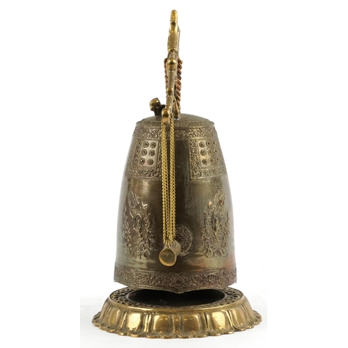 2586 - Chinese archaic style brass table bell with dragon design arch, 29cn high