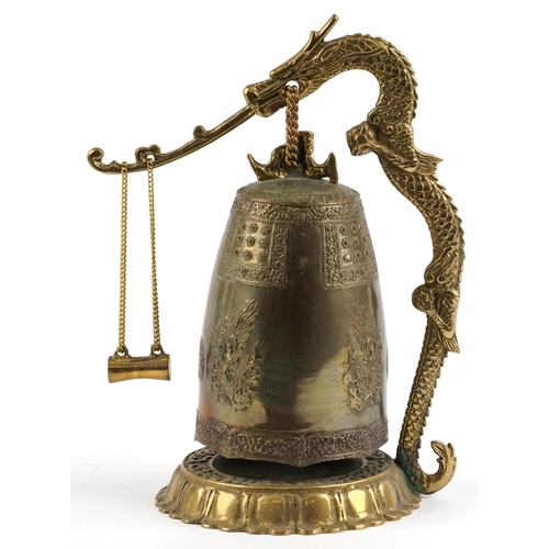 2586 - Chinese archaic style brass table bell with dragon design arch, 29cn high