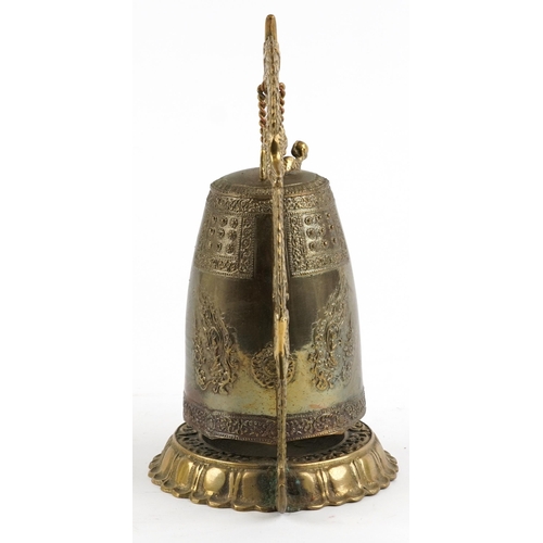 2586 - Chinese archaic style brass table bell with dragon design arch, 29cn high