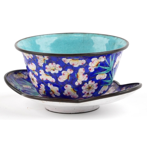 140 - Chinese Canton enamel bowl on saucer enamelled with flowers, character marks to the base of each, th... 