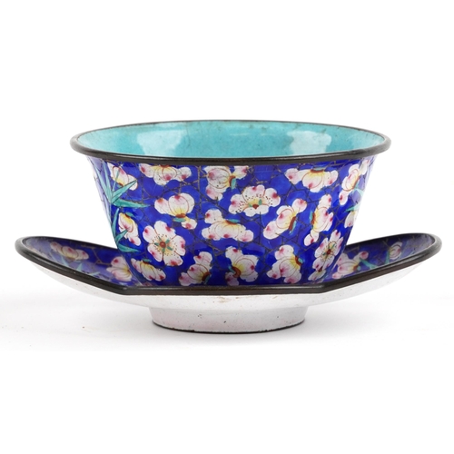 140 - Chinese Canton enamel bowl on saucer enamelled with flowers, character marks to the base of each, th... 