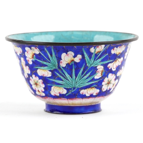 140 - Chinese Canton enamel bowl on saucer enamelled with flowers, character marks to the base of each, th... 