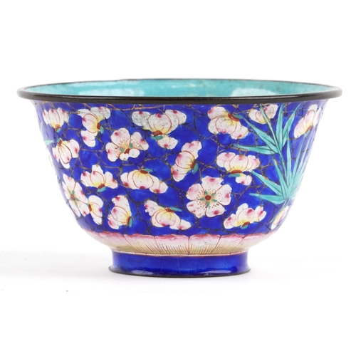 140 - Chinese Canton enamel bowl on saucer enamelled with flowers, character marks to the base of each, th... 