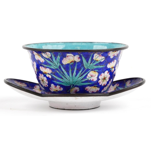 140 - Chinese Canton enamel bowl on saucer enamelled with flowers, character marks to the base of each, th... 