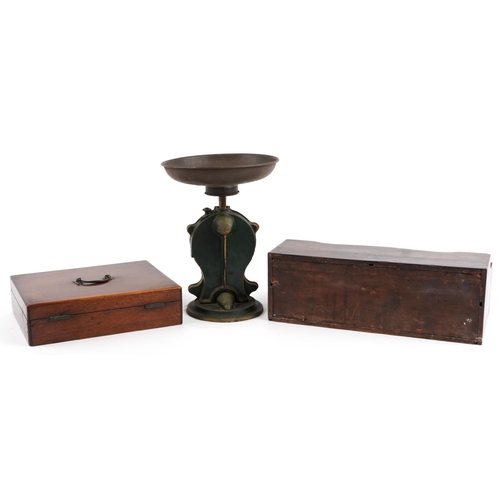 2555 - 18th century and later sundry items including a mahogany workbox and set of Salter's Improved Family... 