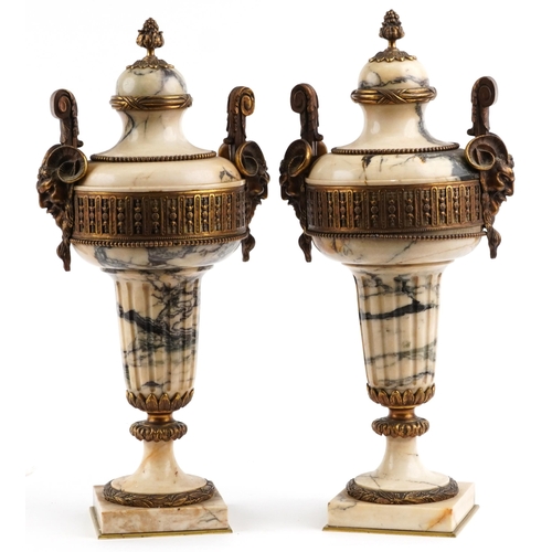 Pair of Antique French Empire style Calcutta marble cassoulets with ormolu mounts with ram's head handles, each 51.5cm high