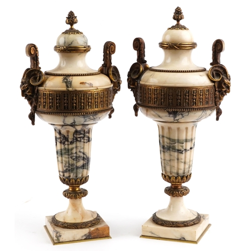 173 - Pair of Antique French Empire style Calcutta marble cassoulets with ormolu mounts with ram's head ha... 