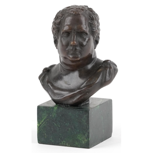 582 - Classical patinated bronze bust of Roman Emperor Caracalla raised on a square green marbleised base,... 