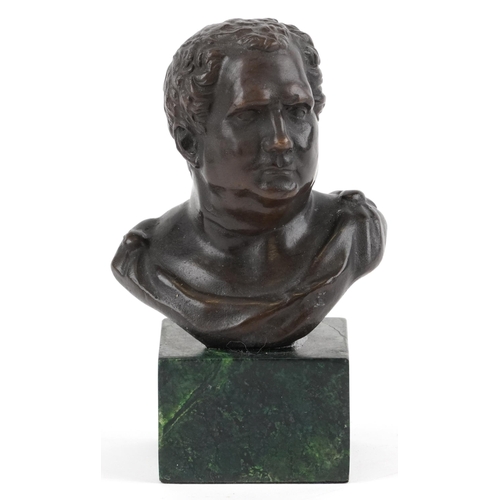 582 - Classical patinated bronze bust of Roman Emperor Caracalla raised on a square green marbleised base,... 