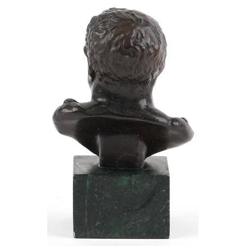 582 - Classical patinated bronze bust of Roman Emperor Caracalla raised on a square green marbleised base,... 