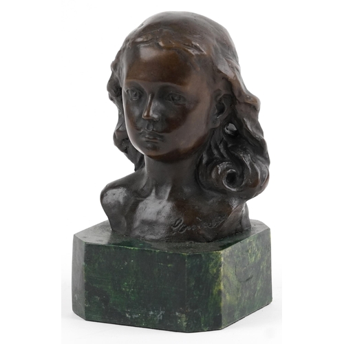 2703 - Patinated bronze head and shoulder bust of a young female raised on a green marbleised base, 15cm hi... 