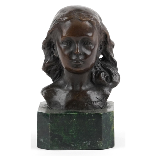 2703 - Patinated bronze head and shoulder bust of a young female raised on a green marbleised base, 15cm hi... 