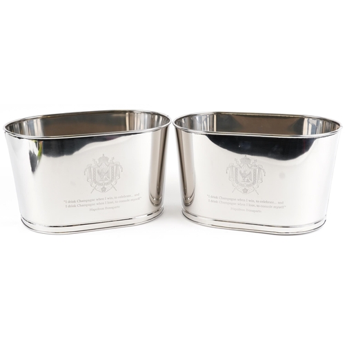 2558 - Pair of silvered metal Champagne ice buckets with Napoleon Bonaparte and Lily Bollinger mottos, each... 