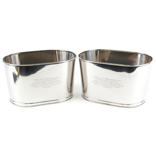 2558 - Pair of silvered metal Champagne ice buckets with Napoleon Bonaparte and Lily Bollinger mottos, each... 