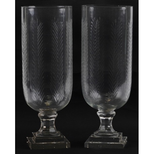 2680 - Pair of Regency style celery glass vases on square stepped bases, each 40.5cm high