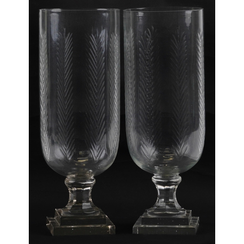 2680 - Pair of Regency style celery glass vases on square stepped bases, each 40.5cm high