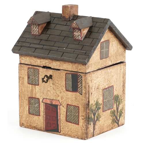 616 - Hand painted wooden box in the form of a Georgian house, 21.5cm H x 16.5cm W x 14cm D