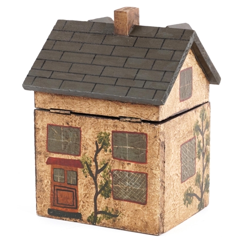 616 - Hand painted wooden box in the form of a Georgian house, 21.5cm H x 16.5cm W x 14cm D