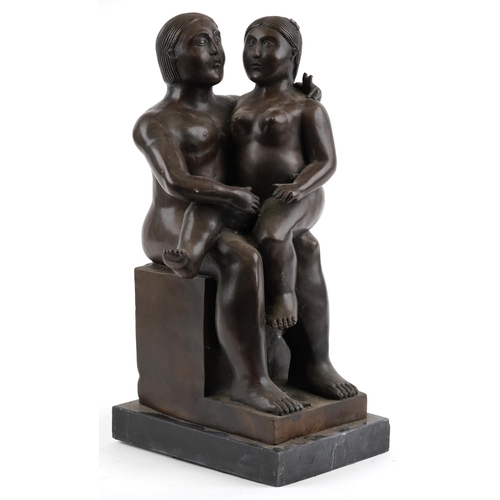 546 - Manner of Fernando Botero, large patinated bronze sculpture of two nude lovers raised on a rectangul... 