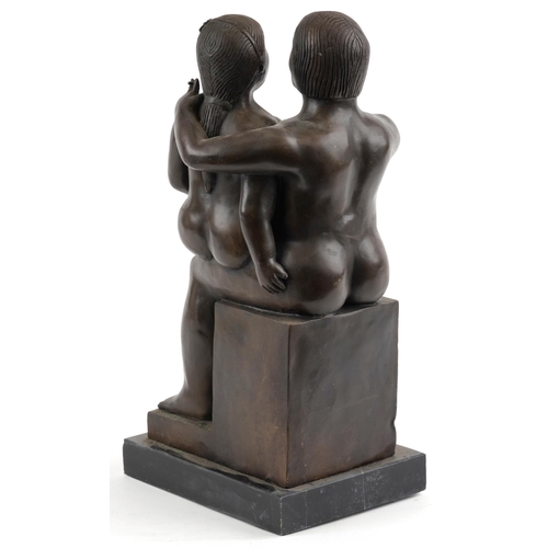 546 - Manner of Fernando Botero, large patinated bronze sculpture of two nude lovers raised on a rectangul... 