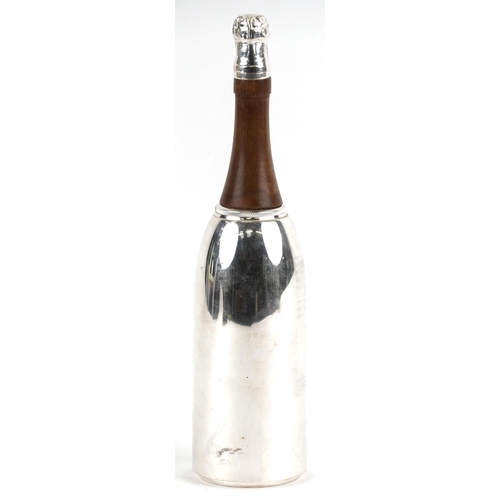 2587 - Silver plated and hardwood cocktail shaker in the form of a Champagne bottle, 38cm high