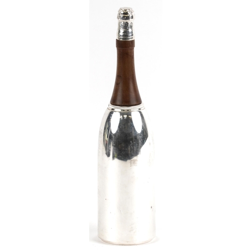 2587 - Silver plated and hardwood cocktail shaker in the form of a Champagne bottle, 38cm high