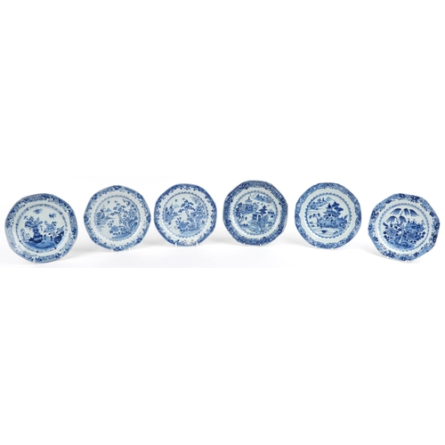 Six Chinese blue and white porcelain plates hand painted with river landscapes and flowers, each 33cm in diameter