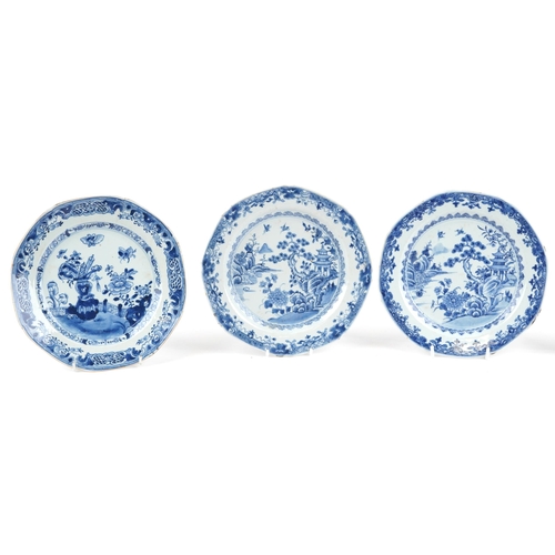 304 - Six Chinese blue and white porcelain plates hand painted with river landscapes and flowers, each 33c... 