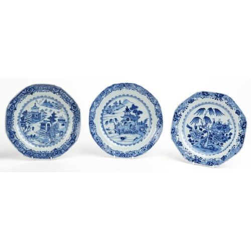 304 - Six Chinese blue and white porcelain plates hand painted with river landscapes and flowers, each 33c... 