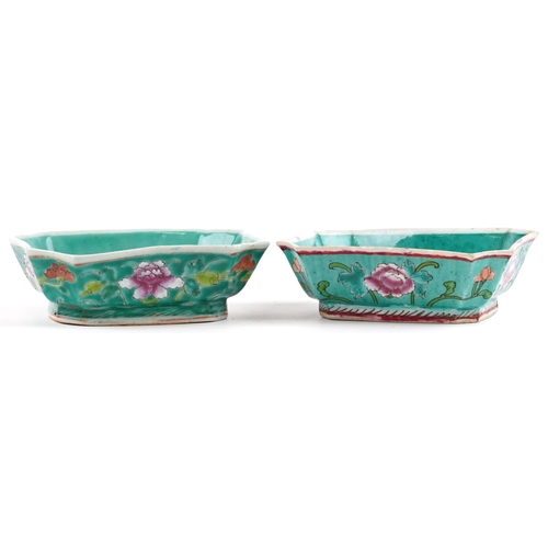 456 - Matched pair of Chinese porcelain bowls with canted corners hand painted in the famille rose palette... 