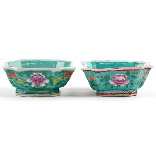 456 - Matched pair of Chinese porcelain bowls with canted corners hand painted in the famille rose palette... 