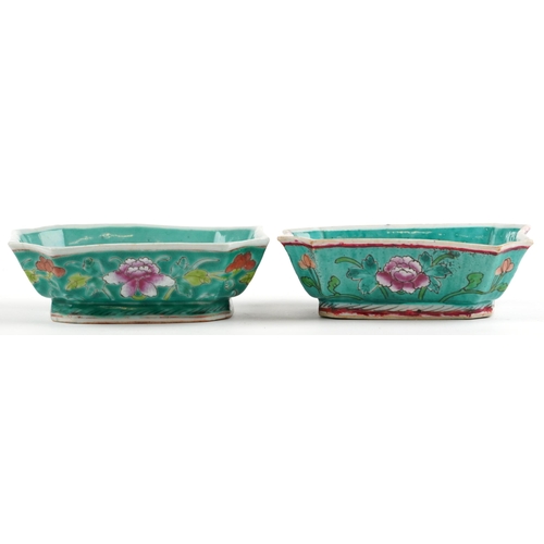 456 - Matched pair of Chinese porcelain bowls with canted corners hand painted in the famille rose palette... 