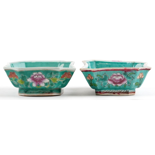 456 - Matched pair of Chinese porcelain bowls with canted corners hand painted in the famille rose palette... 