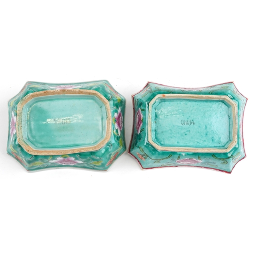 456 - Matched pair of Chinese porcelain bowls with canted corners hand painted in the famille rose palette... 