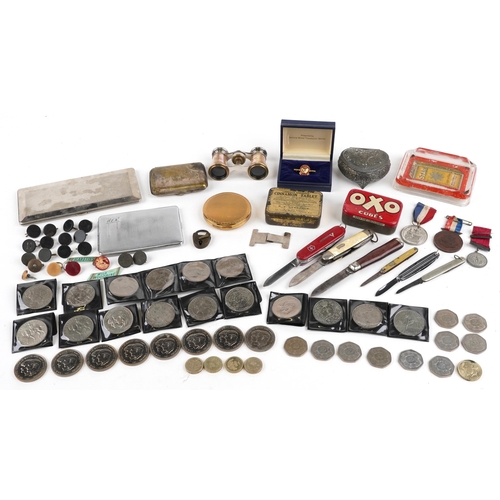 2657 - Sundry items including a pair of mother of pearl opera glasses, coinage, Star cigarettes, Thai green... 