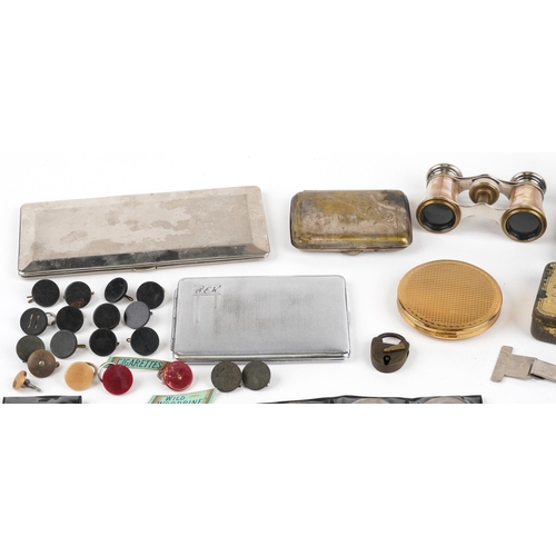 2657 - Sundry items including a pair of mother of pearl opera glasses, coinage, Star cigarettes, Thai green... 