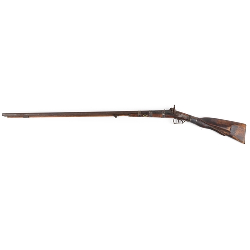 1427 - European double percussion cap rifle with ornate white metal mounts engraved with flowers, 135cm in ... 