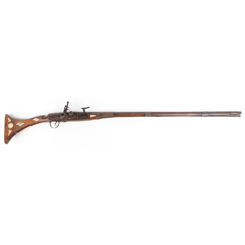 1426 - Middle Eastern flintlock hunting musket with carved bone inlay, 135cm in length