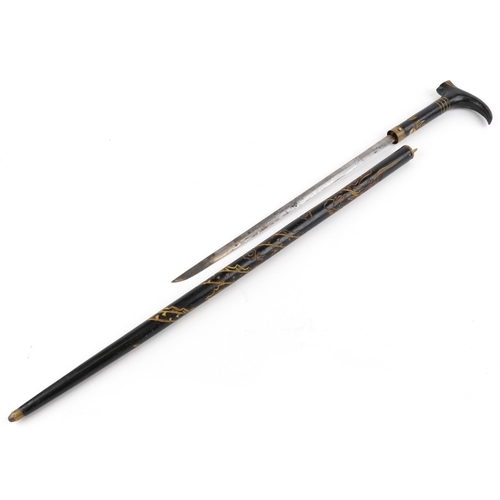 660 - Chinese ebonised walking swordstick carved with a dragon chasing the flaming pearl, 96cm in length