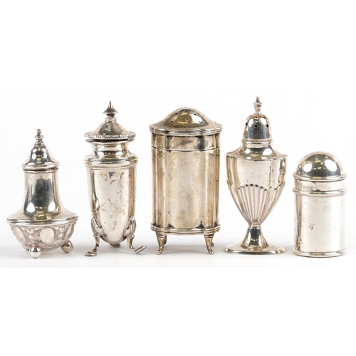 46 - Five Edwardian and later silver casters including Walker & Hall, the largest 8.5cm high, total 178.5... 