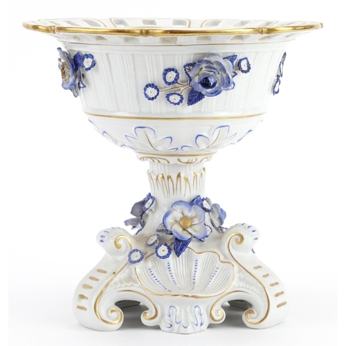 2584 - German floral encrusted porcelain centrepiece hand painted with flowers, 21cm high