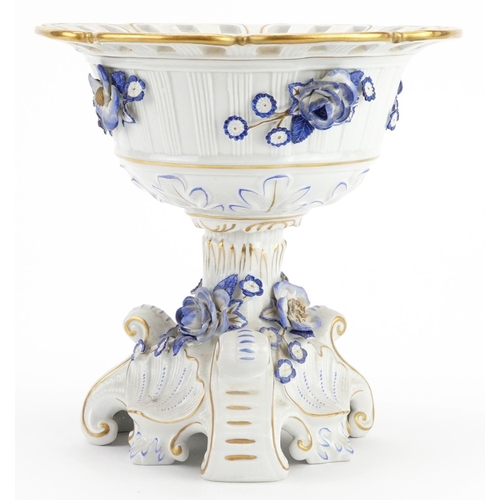 2584 - German floral encrusted porcelain centrepiece hand painted with flowers, 21cm high