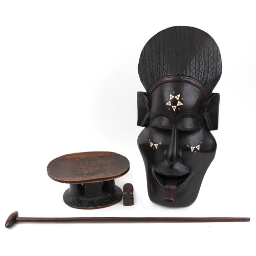 2602 - Tribal interest wood carvings including large face mask with bone inlay and stool, the largest 98cm ... 